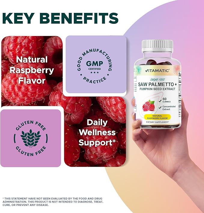Vitamatic Pumpkin Seed &amp Saw Palmetto Gummies – Sugar-Free Botanical Extract – Natural Raspberry Flavor – Vegan Non-GMO Plant-Based Gummies – 60 Count - 2 Pack (120 Count)