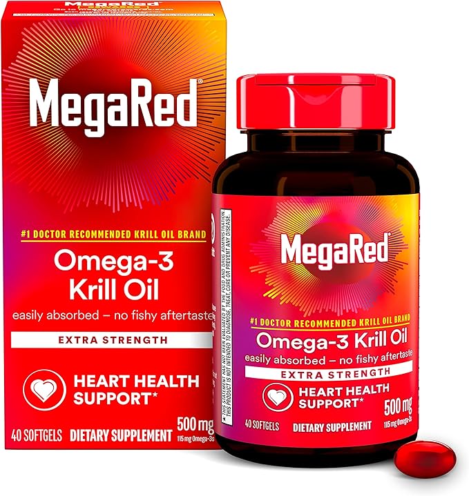 MegaRed Omega-3 Krill Oil 500mg Extra Strength softgels (40 Count in a Box) - Krill Oil No Fishy Aftertaste