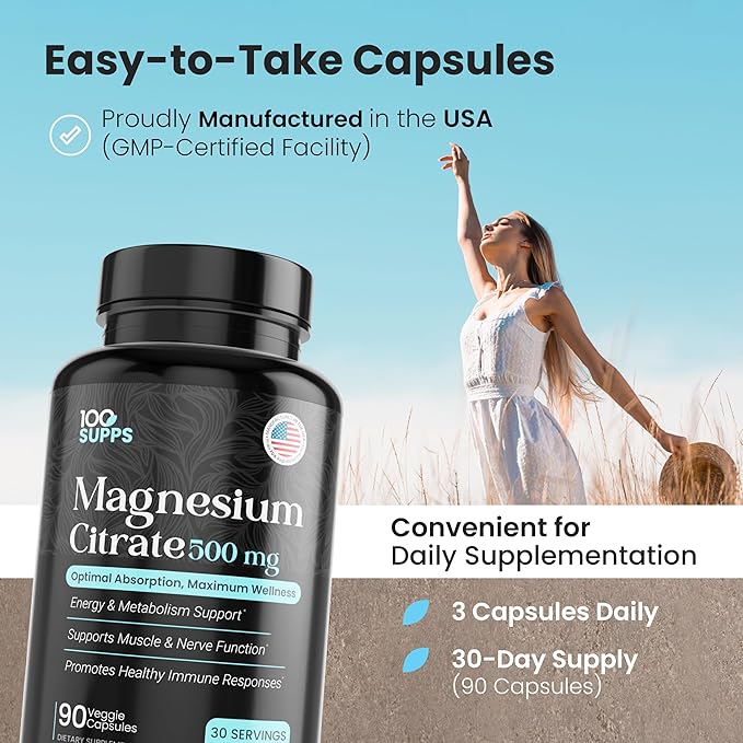Magnesium Citrate 500mg – 90 Capsules | 30-Day Supply | High Absorption Magnesium for Muscle Nerve &amp Energy Support | Vegan Gluten-Free Non-GMO | Made in USA