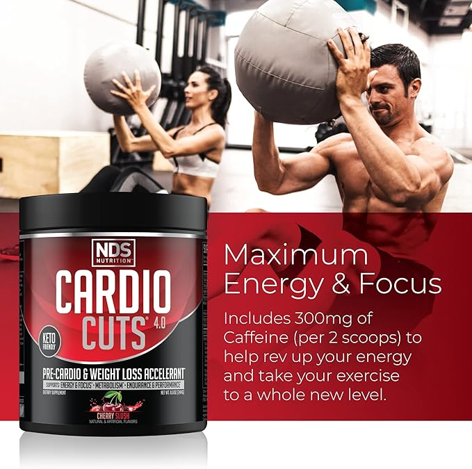 Cardio Cuts NDS Nutrition 4.0 Pre Workout Supplement - Advanced Weight Loss and Pre Cardio Formula with L-Carnitine CLA MCTs L-Glutamine and Safflower Oil - Cherry Slush (40 Servings)