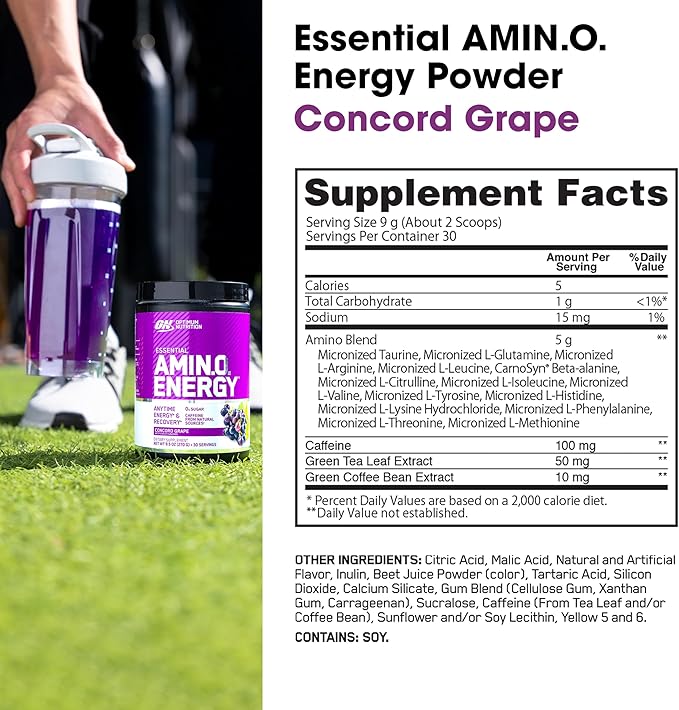 Optimum Nutrition Amino Energy - Pre Workout with Green Tea BCAA Amino Acids Keto Friendly Green Coffee Extract Energy Powder - Concord Grape 30 Servings