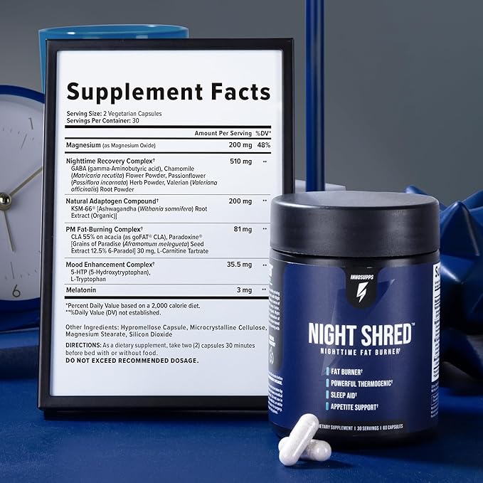 InnoSupps Night Shred Fat Burner and Natural Sleep Support | Ashwaganda 5-HTP CLA Melatonin | Appetite Suppressant | Weight Loss Support Nighttime Fat Burning (60 Vegetarian Capsules)