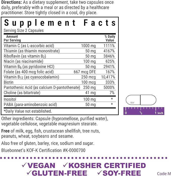 Bluebonnet Nutrition Stress Relief B Complex Vegetable Capsules Vitamin B6 B12 Biotin Folate Vegan Gluten &amp Soy &amp Milk Free Kosher Unflavored 100 Count