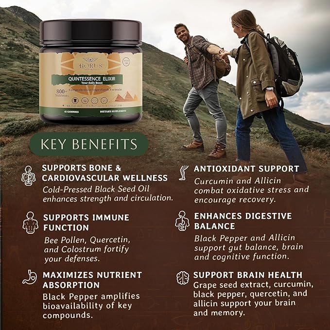Horus Quintessence Elixir Black Seed Oil Gummies – Cold-Pressed Bee Pollen Date Palm Extract – Immune &amp Vitality Support – Sugar-Free – Made in USA – 45 Count
