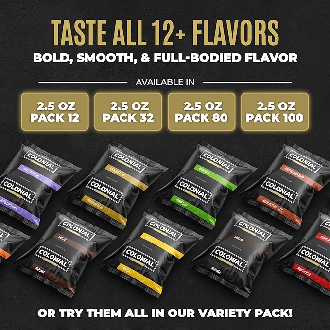 Colonial Coffee 100 Count Single Pot Coffee Packets – 100% Arabica Decaf Colombian Medium Roast | Pre-Measured Frac Packs for 12 Cup Maker | Bulk Ground Gourmet Coffee for Home &amp Office