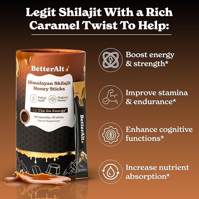 Better Alt Pure Himalayan Shilajit Caramel Honey Sticks with Organic Honey| Easy to Consume Shilajit| 30 Sticks for Energy Boost &amp Immune Support 85+ Trace Minerals 75%+ Fulvic Acid