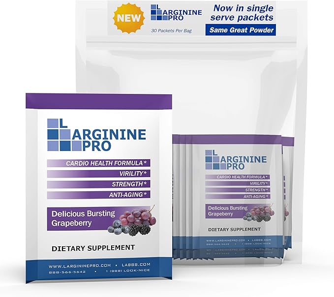L-ARGININE PRO Supplement Powder | 30 Packets Single Serve Travel Size | 5500mg of L-arginine Plus 1100mg L-Citrulline Grape
