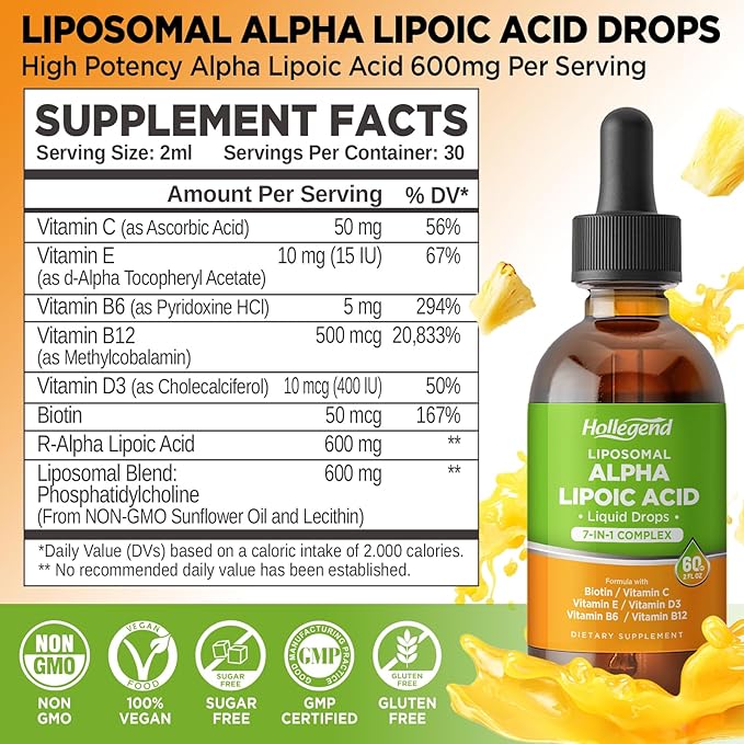 Liposomal Liquid Alpha Lipoic Acid drops 600 MG R-Alpha Lipoic Acid Supplement with Biotin &amp Multivitamins ALA for Antioxidant Brain Health and Nerve Support Pineapple Flavor Sugar Free 2 FL
