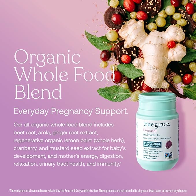 True Grace Prenatal Multivitamin - 30 Servings - Supports a Healthy Mom &amp Baby with Methylfolate &amp Choline for Fetal Brain Development - Gluten Free Soy Free - 60 Vegan Tablets