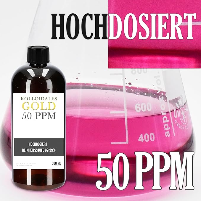 Colloidal Gold Solution - 50 PPM - 500ml - 99.99% Pure - High Purity - 24k - All Natural - Electrolysis Process - Glass Bottle - Ruby Red