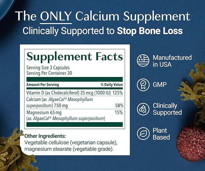 ALGAECAL- Plant Based Calcium Supplement with Vitamin D3 (1000 IU) for Bone Strength Contains 13 Minerals Supporting Bone Health Organic Calcium (750 mg) for Women &amp Men 90 Veggie Caps Made in