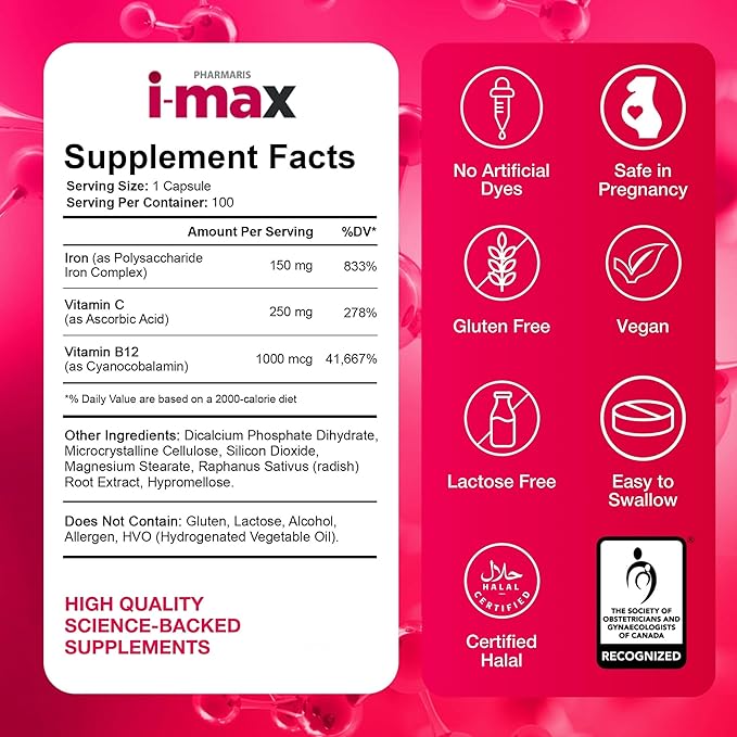 Pharmaris i-max Iron Supplement 150 mg Vitamin C 250 mg &amp B12 1000 mcg Iron Supplement Treatment for Women &amp Men Once Daily 100 Capsules