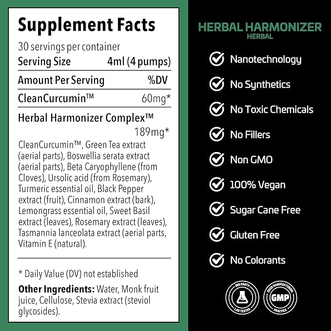 Herbal Harmonizer with CleanCurcumin(TM) - Multi Botanical Antioxidants Supplement - Water Soluble - Nano Curcumin - Holistic Wellness Defender - Healthy Drink Mix (4 fl.oz Herbal)