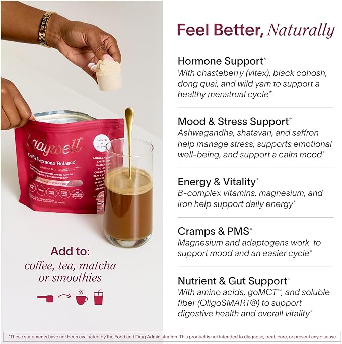 Ladywell Daily Hormone Balance Powder | Natural Cycle Support for Women | Supports Mood Bloating Cramps Skin Health &amp Cravings with Chasteberry B Vitamins Ashwagandha Saffron + | 30 Servings