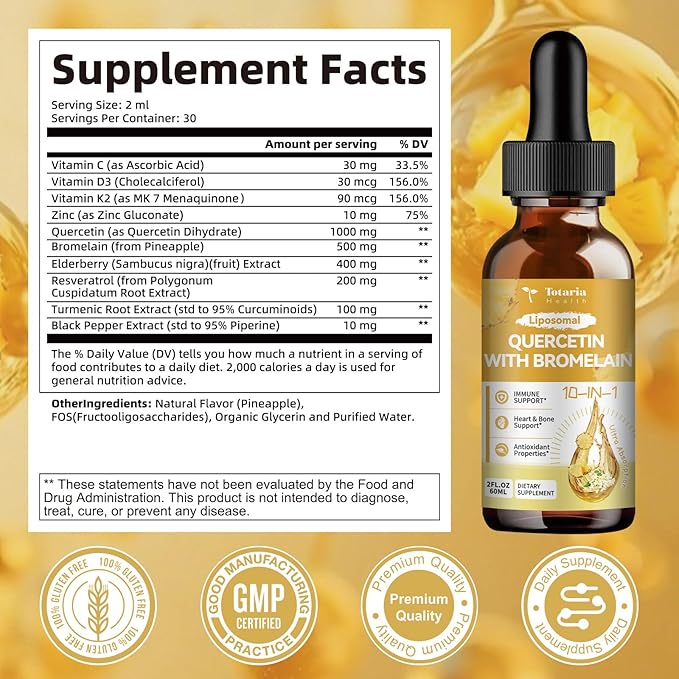 Totaria Liposomal Quercetin with Bromelain Liquid Drops - High Absorption Quercetin 1000mg &amp Bromelain 500mg Plus ElderberryVitamin CZinc for Immune &amp Antioxidant &amp Heart &amp Bone Supp