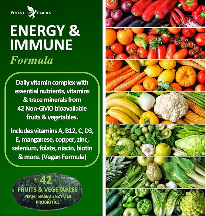Potent Garden Multivitamin for Men &amp Women – 42 Fruits &amp Vegetables Probiotics &amp Enzymes Daily Whole Food Supplement for Energy Immune Support &amp Digestion Non-GMO 90 Tablets