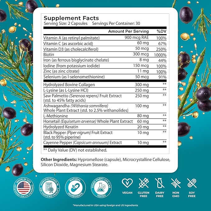 PUREHEALTH RESEARCH ReGrow - Hair Growth Vitamins - Hair Supplement for Scalp &amp Thickness Support - with Saw Palmetto Biotin Hydrolized Bovine Collagen Hydrolized Keratin &amp More - 60 Capsul