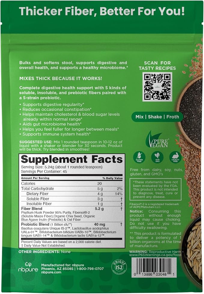nbpure Daily Fiber Powder Blend - Digestive Health Cholesterol Support Healthy Weight Management | Prebiotic Insoluble Soluble Fiber + 4 Probiotic Strains | Unflavored (45 Servings)