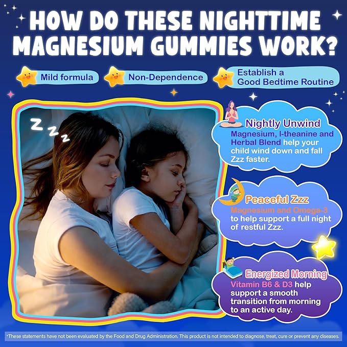 Kids Calcium Magnesium Supplement Gummies - Calcium Citrate 800mg with Magnesium Glycinate 200mg L-Theanine Vitamin D3 K2 &amp Omega-3 Multivitamin for Kids Day &amp Night Gummies - Vegan Sugar F