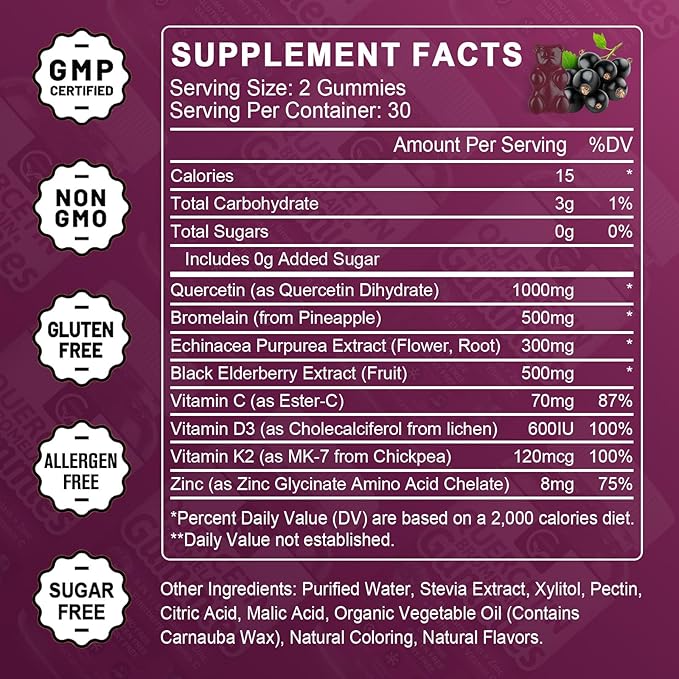 (2 Pack) Quercetin Gummies - Quercetin with Bromelain 2378mg - Blend with Elderberry Echinacea Purpurea Extract Zinc Vitamin CD3K2 Complex Supports Immune Cardiovascular &amp Respiratory Funct