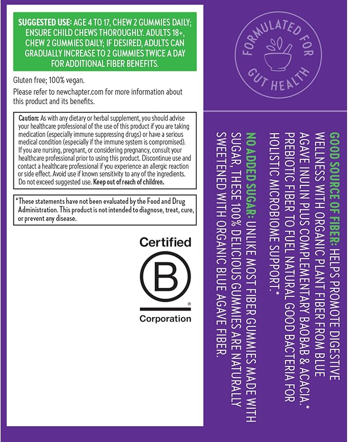 New Chapter Organic Fiber Gummies for Adults &amp Kids (Age 4+) Plant-Based Prebiotic Fiber for Digestive Health Vegan Non-GMO USDA Organic Gluten Free Citrus-Berry Flavored 60 ct