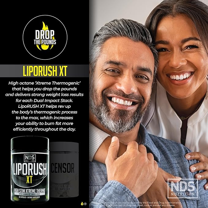 NDS Nutrition Maximum Strength Dual Impact Stack - Powerful 2-in-1 Weight Loss Kit Combines High Energy Fat-Burning XT Thermogenic with Premium CLA Censor Body Toner (60 Caps &amp 90 Softgels)