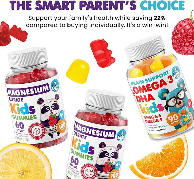 DR. MORITZ Calm Magnesium Gummies for Kids (60 Count 2 Pack) and Kids Omega 3 Gummies (90 Count) Bundle - Low Sugar Vegetarian No Fish Oil