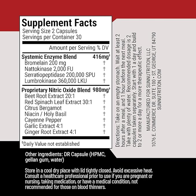Vascular Defense Nitric Oxide Support | Systemic Enzyme Blend with Nattokinase Lumbrokinase Serrapeptase &amp Bromelain | Beet Root Extract | Spike Detox | Cardiovascular Supplement | 60 Capsules