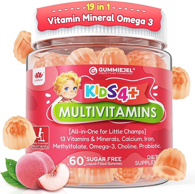 Kids Multivitamin Gummies + Omega 3(DHA/EPA) Methylated Multivitamin for Kids + Iron Choline Probiotic Vitamins A C D3 K2 E Methylfolate B6 B12 for Growth Immune Bone Brain No Sugar 60 Cts