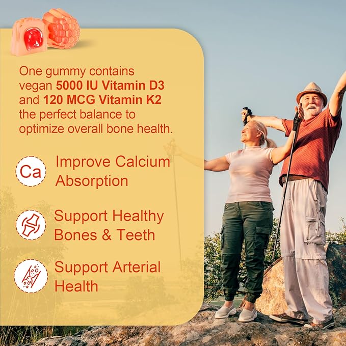Vitamin D3 5000IU + K2 (MK-7) 120mcg Sugar-Free Vitamin D3 K2 Filled Gummies with Vitamin B Complex - Methyl B12 B9 B6 | Vitamin E &amp Zinc MCT Oil - Supports Bone &amp Teeth Strength Immune