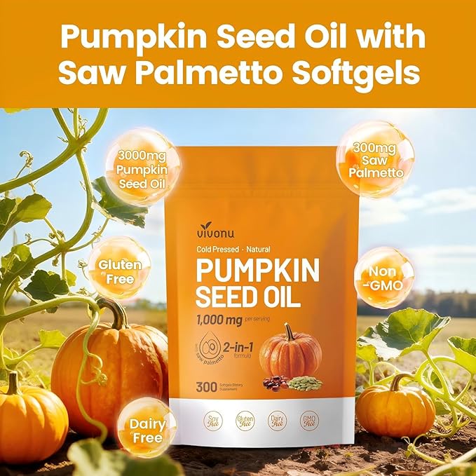 VivoNu Pumpkin Seed Oil with Saw Palmetto Capsules | Cold Pressed Pure Virgin Oil Essential Fatty Acids &amp Phytosterols | 300 SoftgelsSupports Hair Urinary Bladder &amp Prostate Health | Non-G