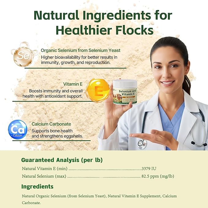 Selenium and Vitamin E Powder for Chickens – Boost Immunity Muscle Support &amp Reproductive Health Selenium for Chickens to Prevent Wry Neck &amp Improve Egg Production Chicken Vitamins for All