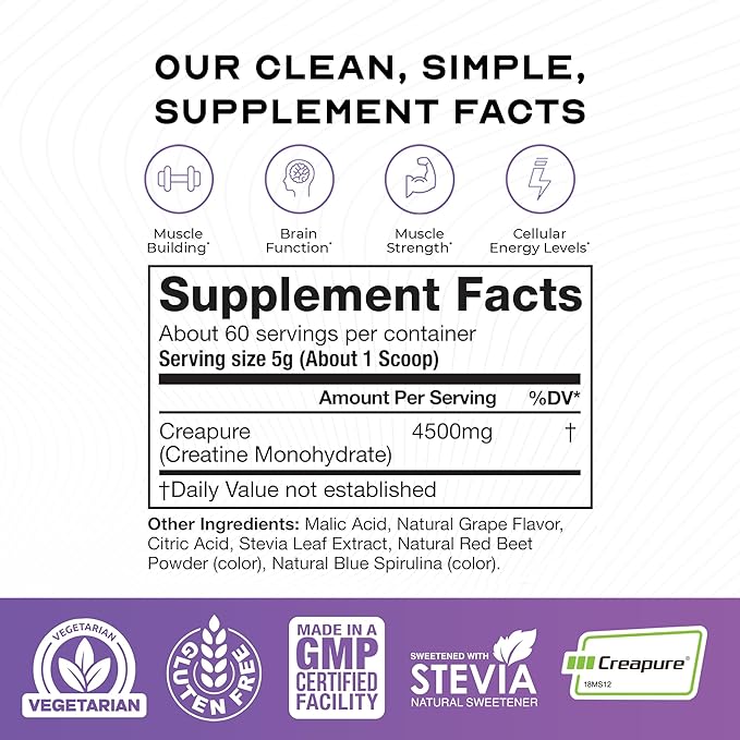 Muscle Feast Creapure Creatine Monohydrate Powder Vegan Keto Friendly Gluten-Free Easy to Mix Muscle Recovery Supplement Trusted Creatine for Muscle Growth Flavored Creatine Natural Grape 300g