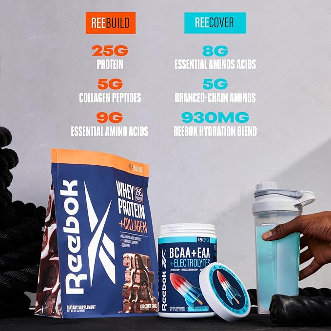 Reebok Post-Workout Amino Acids + Protein Bundle: REEcover Rocket Moon Pop + REEbuild Chocolate Fudge | Muscle Recovery Hydration Strength Joint Support