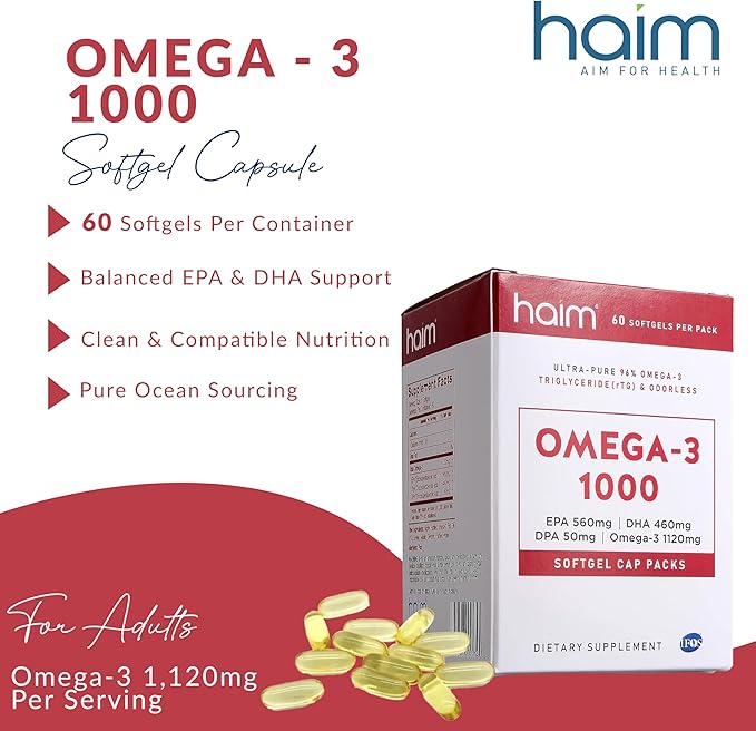 HAIM Omega-3 1000 Fish Oil Softgels — 1120mg Omega-3 with EPA DHA Fatty Acids — Burpless Odorless No Fishy Smell — Triple Strength Concentrated Supplement — Nutritional Softgels — 60 Count