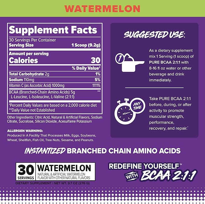 FINAFLEX PURE BCAA 2:1:1 Watermelon - 9.7 oz - Promotes Strength Recovery &amp Performance - With 2:1:1 Ratio of Leucine Isoleucine &amp Valine + Vitamin C - 30 Servings