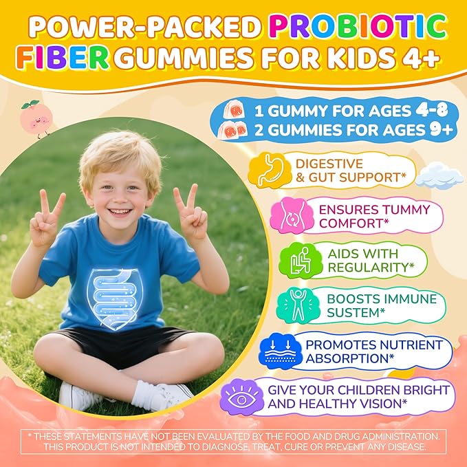 Kids Probiotic + Prebiotic Fiber Gummies 5G 12 Billion CFU Probiotic &amp Veggie Fruit Fiber w/ Organic Inulin Methyl B12 B6 D3 C Lutein for Children's Digestive &amp Gut Immune Health Sugar F