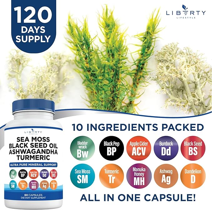Sea Moss Black Seed Oil Ashwagandha Turmeric Bladderwrack Burdock - with Manuka Honey Dandelion ACV Black Pepper Gluten Free - 2-Pack