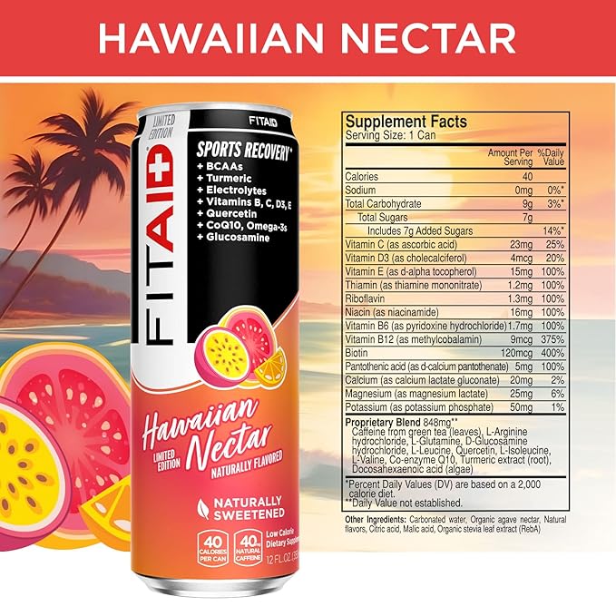 FITAID Post Workout Recovery Drink Hawaiian Nectar Passion Fruit Orange &amp Guava BCAA Glucosamine Electrolytes 40 Calories 12 Fl Oz (Pack of 12) - Packaging May Vary
