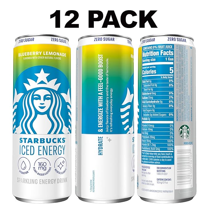 Starbucks Iced Energy Drink Blueberry Lemonade Zero Sugar Energy Drink Plant Based Caffeine Hydration Mental Clarity 12 Fl Oz Cans (Pack of 12)