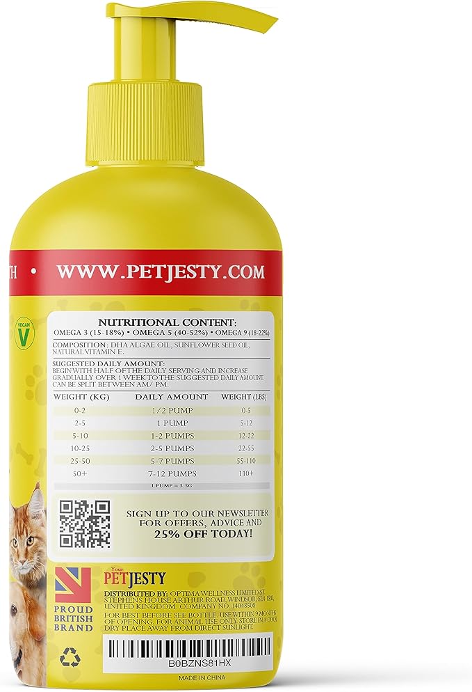 PetJesty Pure Omega 3 Oil for Dogs &amp Cats 26.39oz - Omega 3 Skin &amp Coat Support- Liquid Food Supplement for Pets - Vegan pet + DHA for Joint Function Immune &amp Heart Health Non Fish Oil D