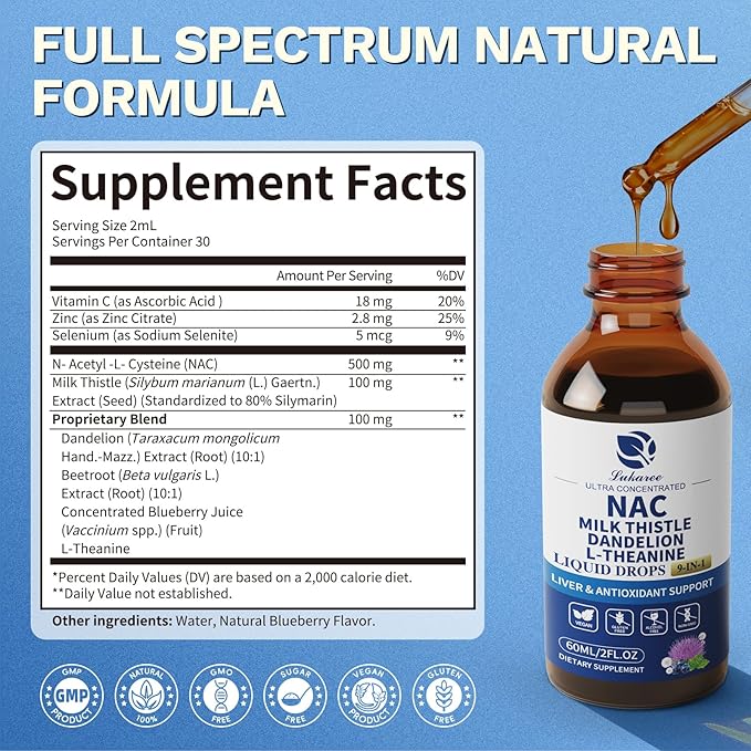 Lukaree NAC Supplement 600mg w/Milk Thistle -Liposomal NAC N-Acetyl-L-Cysteine Liquid Drops w/Selenium for Liver Detox Support Antioxidants Brain Wellness &amp Immune Support* -Ultra-Concentrated -