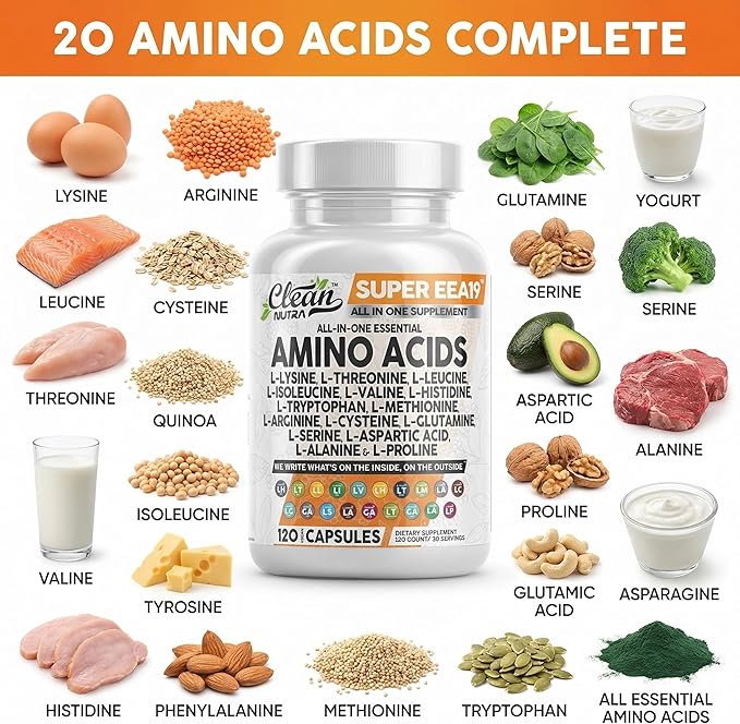 Clean Nutraceuticals Amino Acids Supplement L-Lysine L-Threonine L-Leucine Isoleucine Valine L-Histidine L-Tryptophan L-Methionine L-Arginine L-Cysteine L-Glutamine L-Serine Aspartic Acid