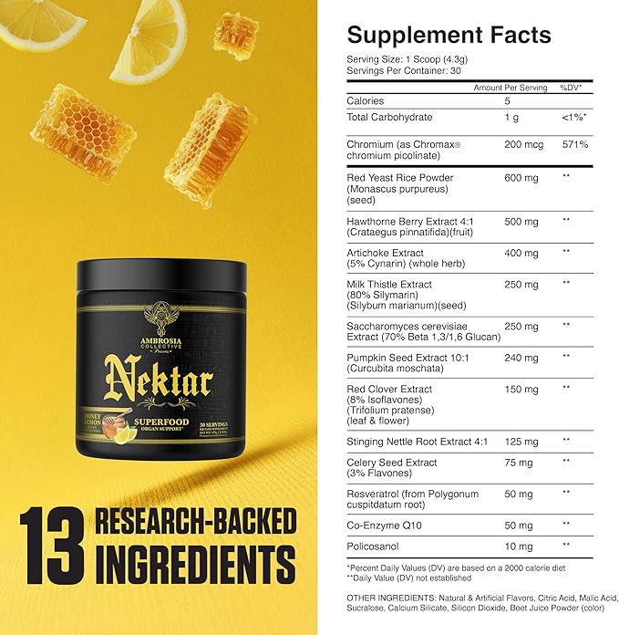 Ambrosia Superfood Organ &amp Cycle Support Powder | Liver &amp Kidney Support with Milk Thistle Red Yeast Rice &amp CoQ10 | 13 Superfood Ingredients | 30 Servings | Honey Lemon