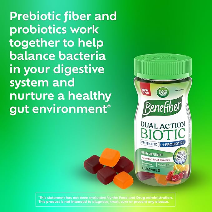 Benefiber Prebiotic GLP-1 Friendly Fiber Supplement Gummies with Probiotics for Digestive Health Assorted Fruit Flavors - 50 Count