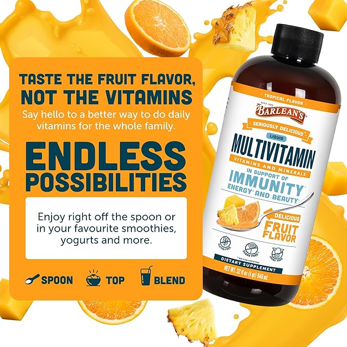 Barlean's Liquid Multivitamin for Women Men &amp Kids 21 Essential Vitamins &amp Minerals Includes Biotin B-Complex Vitamins C D3 &amp K2 Smoothie-Like Daily Supplement Tropical Flavor 32