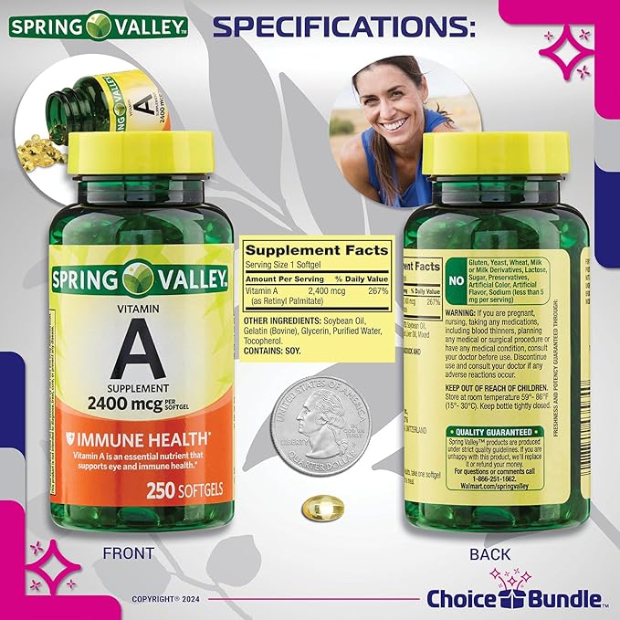 Spring Valley Vitamin A Supplement 2400 mcg Softgel 250 Ct 2 Pk (500 Total) + Vitamin Vitality &amp Pill Container (4 Items)!