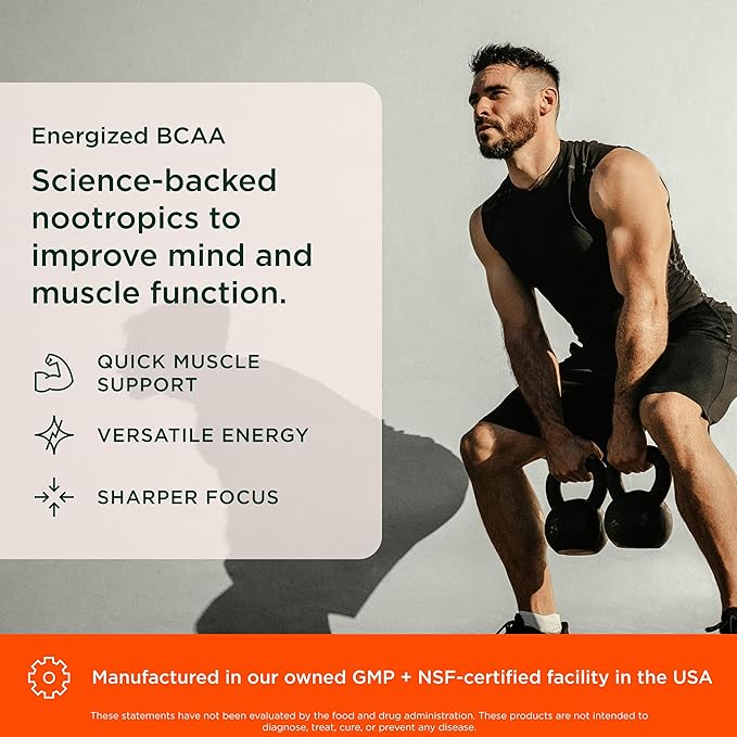 Genius BCAA Powder - 5g Vegan BCAAs L-Glutamine Cognizin &amp Rhodiola Muscle Recovery Energy Support 100mg Caffeine Pre Intra Post-Workout Nootropic Supplement for Focus &amp Performance - Orang