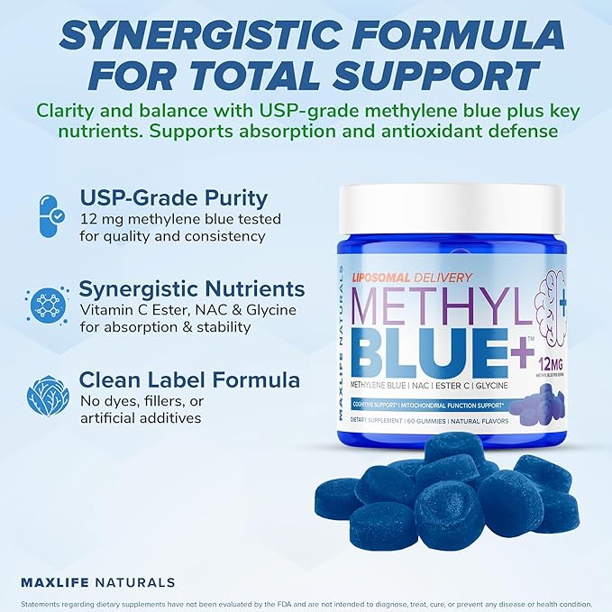 Pure Methylene Blue Pharmaceutical Grade Gummies - 60 Gummies 12mg Blue-Raspberry Flavor USA Made Liposomal Methylene Blue Chews with Vitamin C Ester &amp NAC Glycine for Brain Fuel &amp Mental Cl