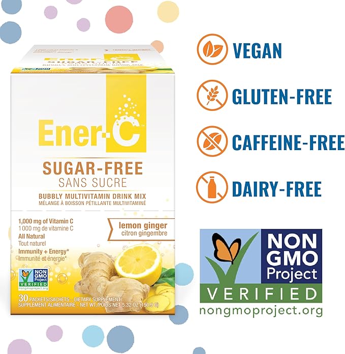 Ener-C Sugar Free Multivitamin Drink Mix - Vitamin Powder for Water Electrolytes Powder No Sugar Hydration Boost Packets Zero Sugar Vitamin C &amp B12 Supplement Liquid Mix - Lemon Ginger 60 Cou